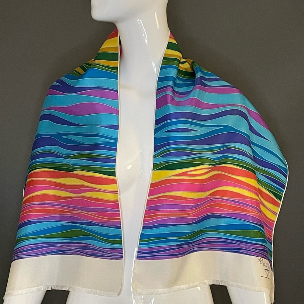 Beautiful Vintage Maggy Rouff Rainbow Silk Scarf 14 x 46 Excellent Cond Crisp - Picture 2 of 7